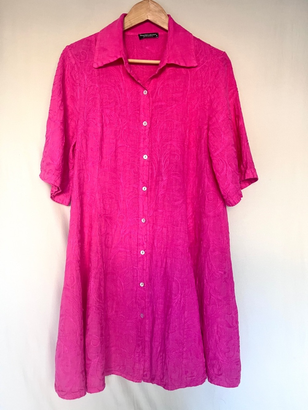 Franesca Bettini Linen Embroidered Dress Made in Italy Pink Button Front M